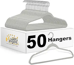 Quality Hangers Clothes Set 50 Pack - Non-Velvet Plastic for Clothes - Heavy Duty Coat Set - Space-Saving Closet With Chrome Swivel Hook, Functional Non-Flocked, Gray