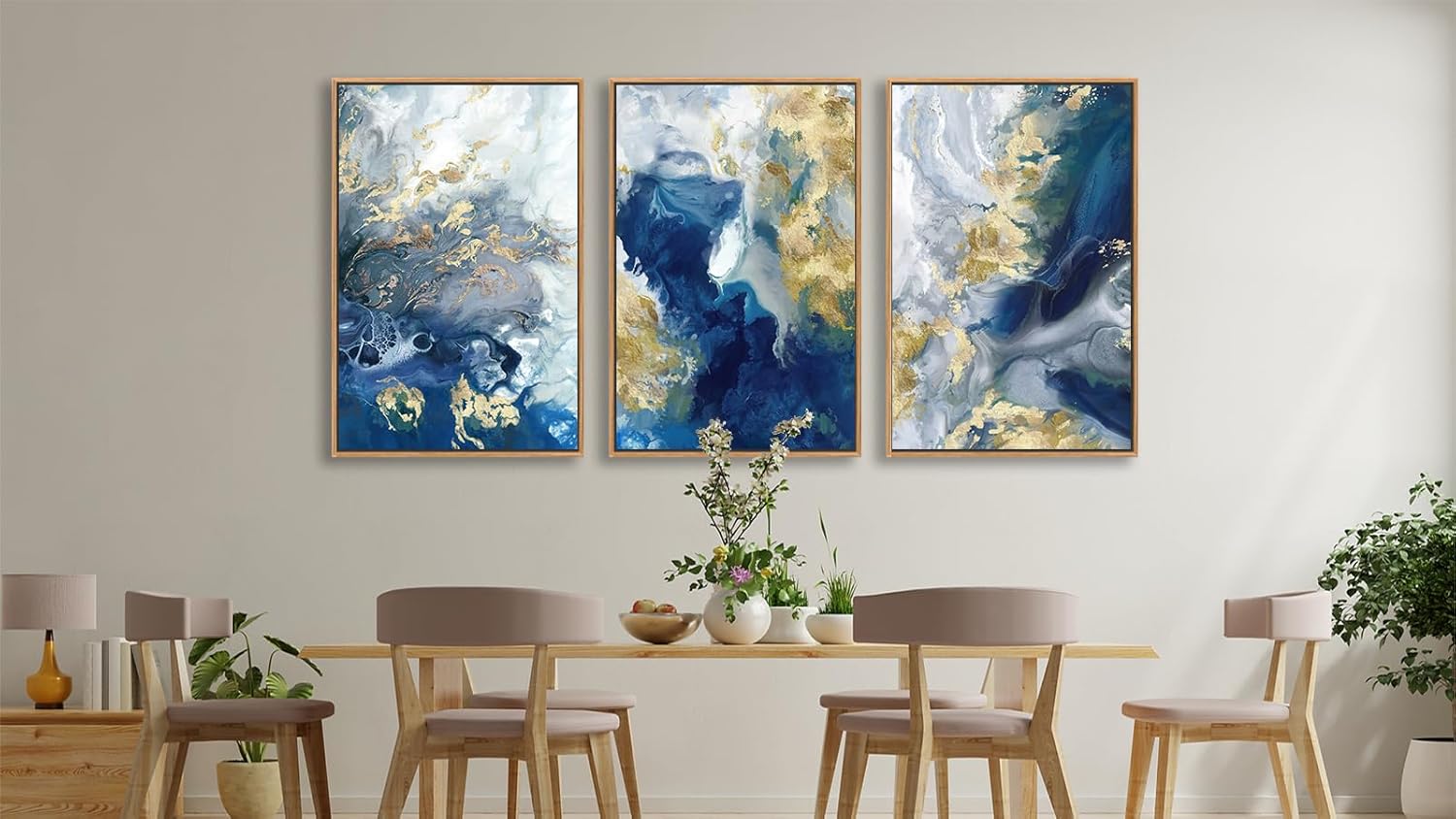 tigeridge Abstract Ocean Framed Wall Art - Rich Blues Canvas Pictures Wall Decor Turquoise Gold Accents Painting Artwork Coastal Prints for Living Room Home Decor 36 x 24in * 3, Natural Wood Frame