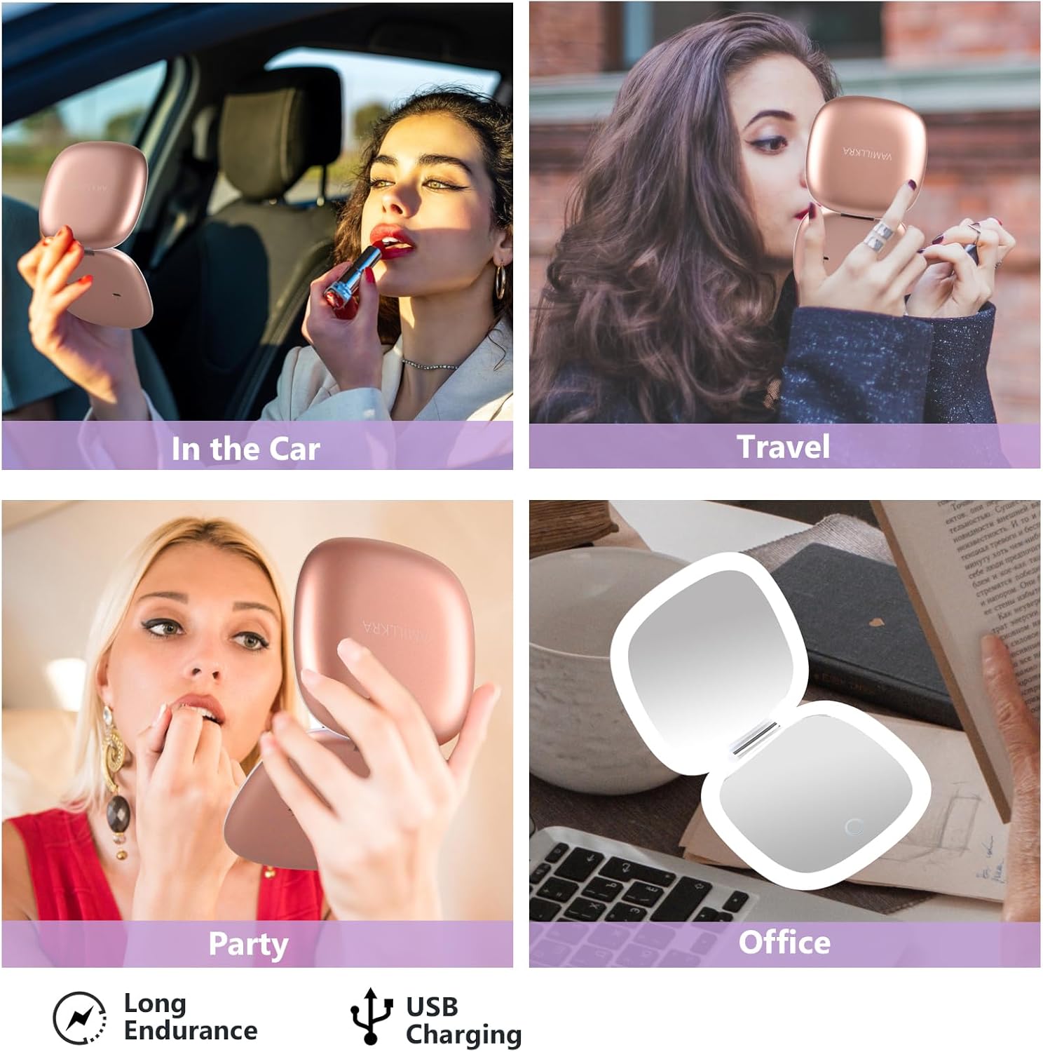 Travel Mirror with Light, 1X/7X Magnifying Mirror, 4 Inch LED Lighted Rechargeable Compact Makeup Mirror, 3 Colors Dimmable Light Up Portable Pocket Mirror for Handbag (Rose Gold 7X)