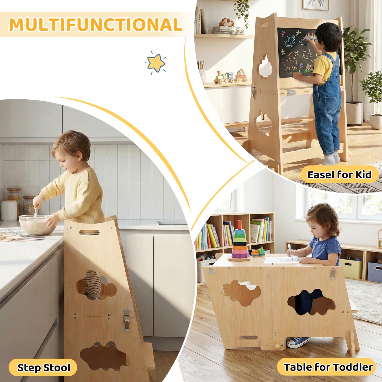 KIDINIX Tour d'Observation Enfant, Tour d'Apprentissage 3 en 1 avec Garde-Corps et Tableau Noir, Tour Montessori Pliable