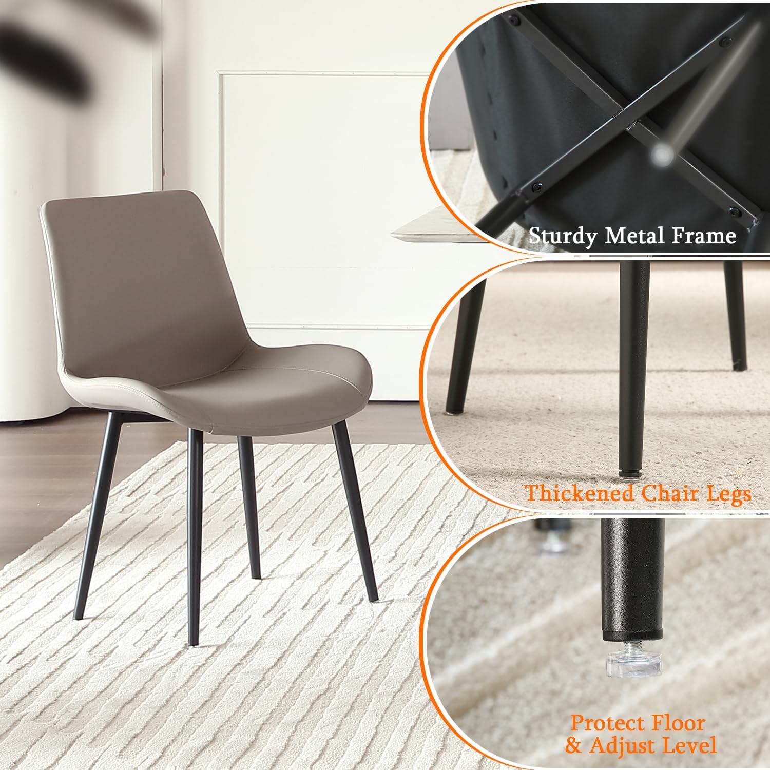 Close-up images showing the sturdy metal frame, thickened chair legs, and adjustable protective mats at the bottom of the legs.