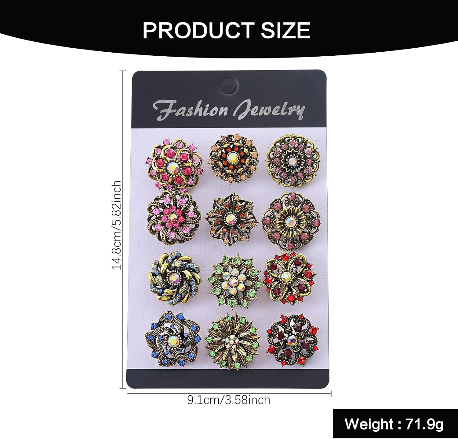 12Pcs Vintage Flower Brooches Set Crystal Rhinestone Brooches for Women Fashion Rhinestone Pins for Women DIY Bridal Wedding Bouquet Crafts