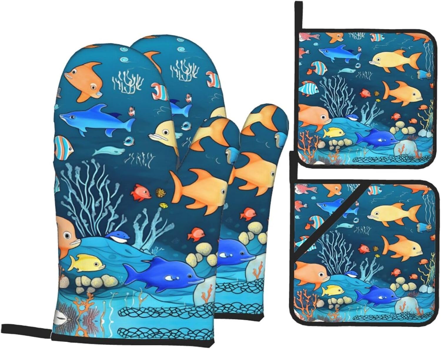 Blue Underwater World of Fish Patterned Kitchen Baking 4-Piece Set, High Temperature Resistant Oven Mitts and Potholders Set for Cooking Baking Grilling