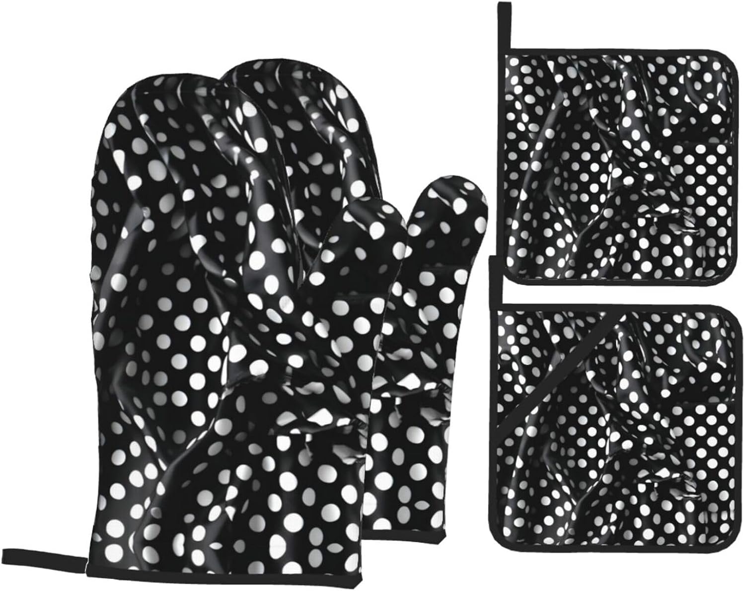 High Temperature Resistant Kitchen Baking 4-Piece Set, Black and White Corrugated dots Oven Mitts and Potholders Set, Banquet Party Baking Grilling Cooking