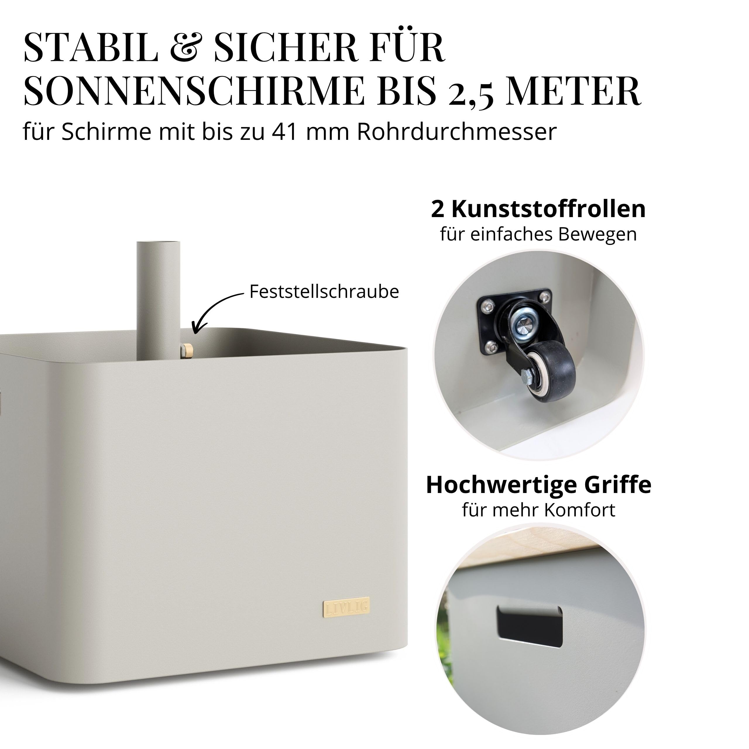 Livlig53 LIVLIG Sonnenschirmständer mit Rollen – 2in1 Schirmständer fahrbar, Pflanzgefäß & Sonnenschutz, 100% Edelstahl, befüllbar bis 39L, für Sonnenschirme bis Ø 250 cm, Greige