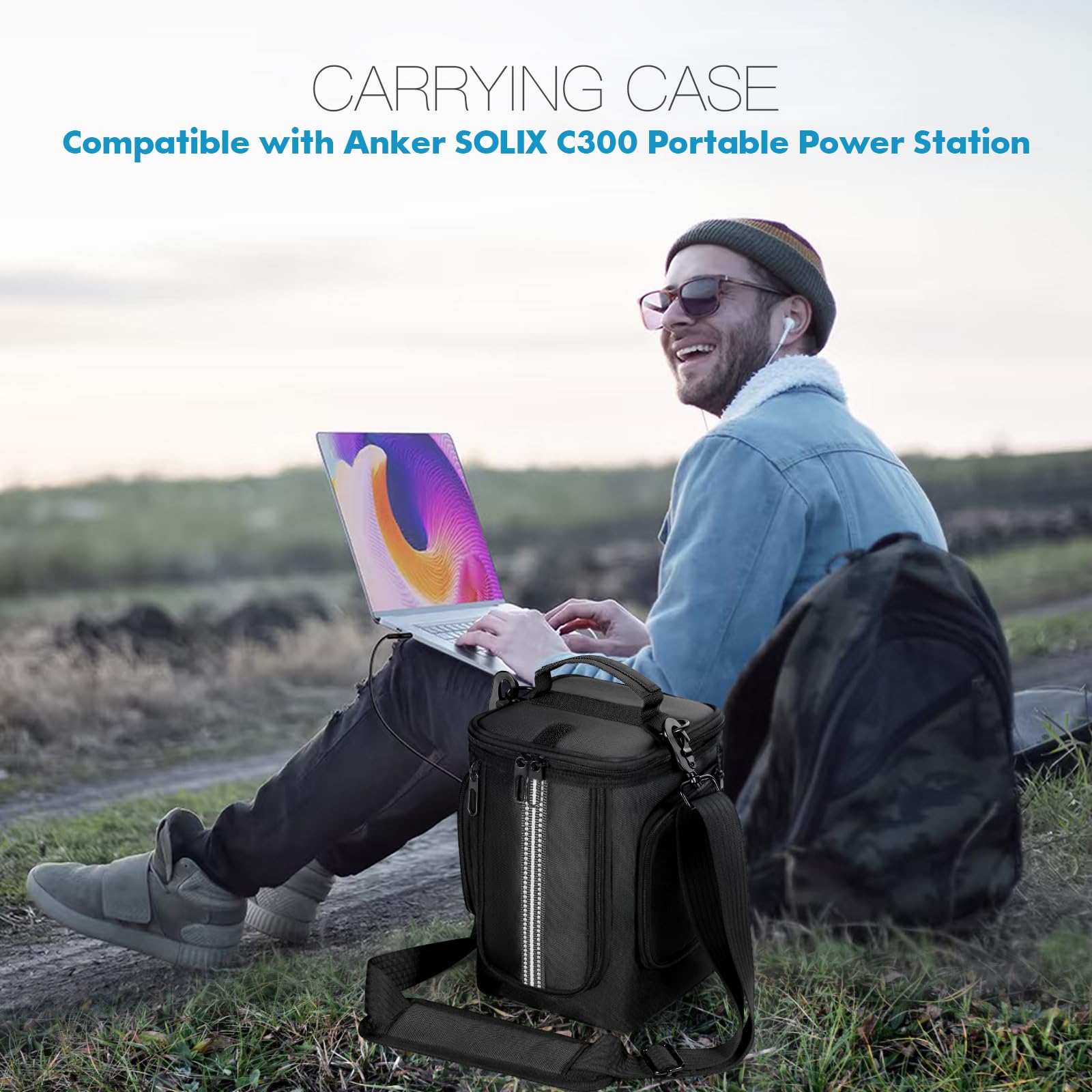 Borsa portatile per generatore esterno, compatibile con Anker SOLIX C300 Power Station, custodia da viaggio impermeabile con tracolla per cavi e accessori (solo CASE)