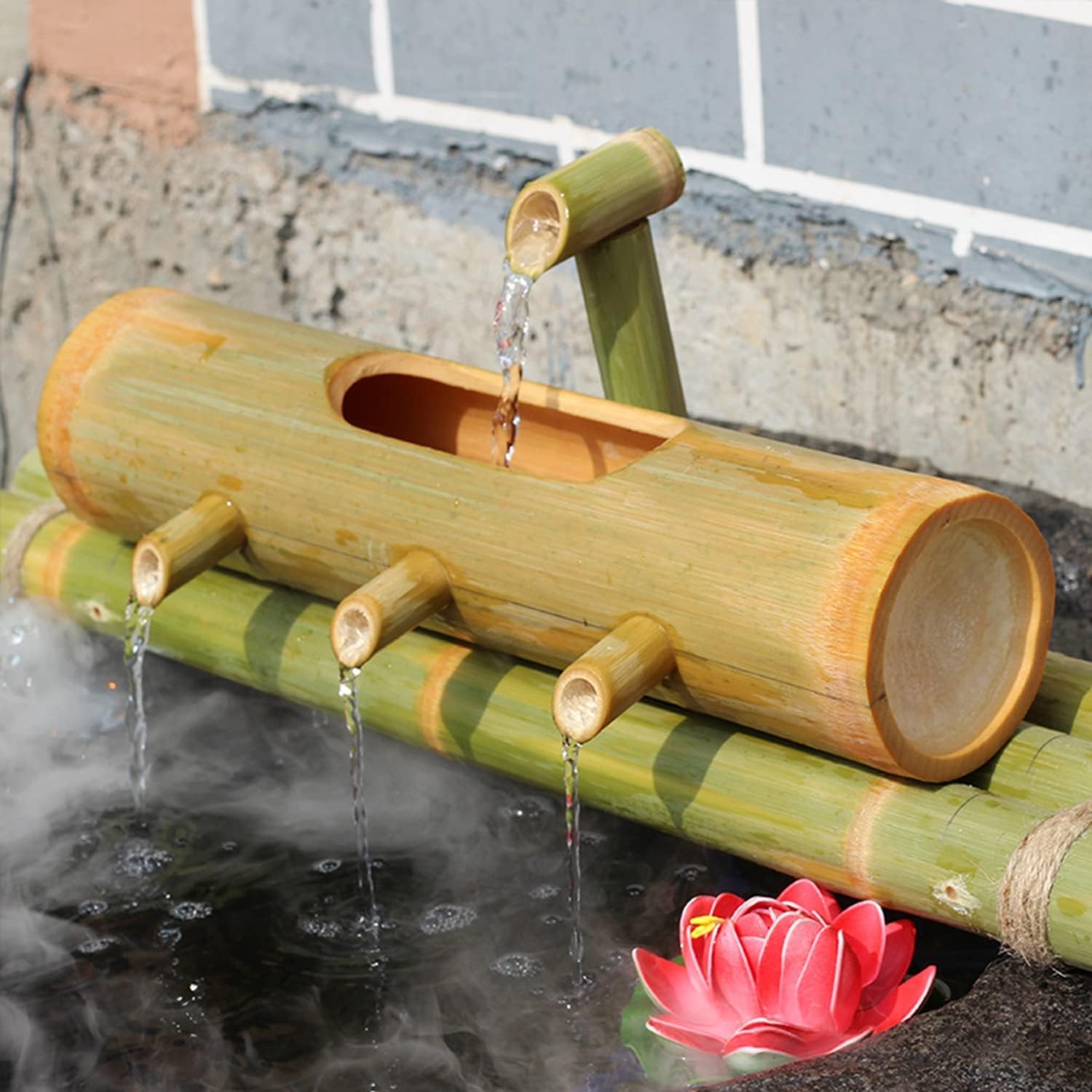 ソーラー竹製噴水キット、竹のアクセントの伝統的な日本の禅風噴水、屋内/屋外用造園噴水、ポンプ付き、15.7インチ