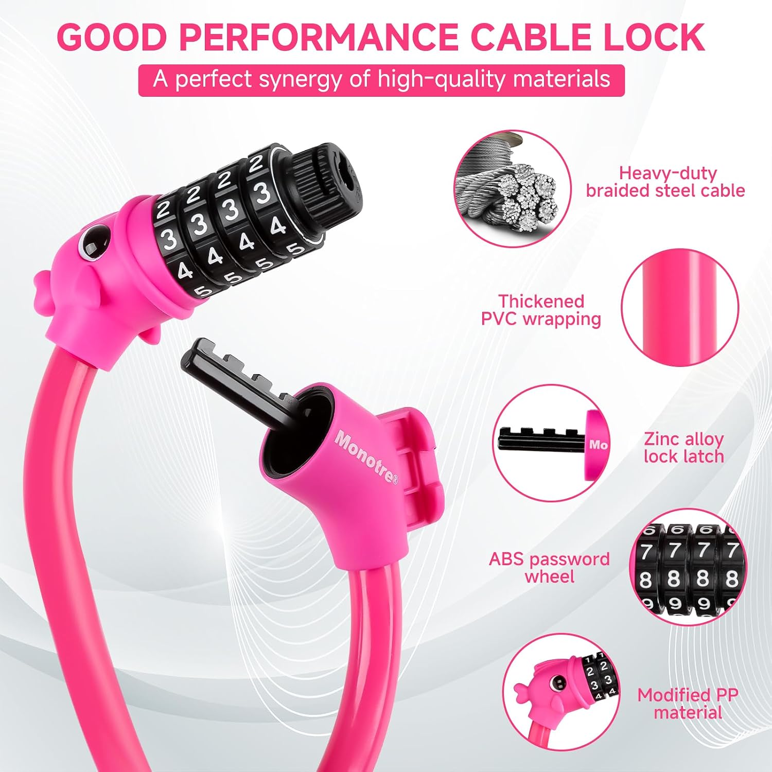 Bike Lock, 3.9 Feet 4-Digit Resettable Combination Password Anti-Theft Cable Lock, Cute Coiled Bike Lock with Mounting Bracket, Suitable for Bicycles, Electric Scooters, Ebikes (Pink-10mm)