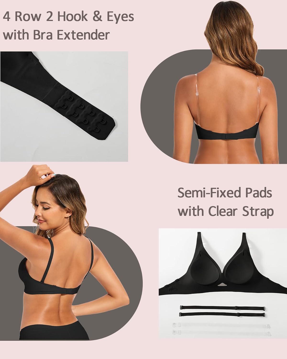 Deep V Bra Plunge Backless Bras for Women Convertible Low Back Bra Invisible Seamless Push Up Bralette Clear Strap, Black, S - Image 6