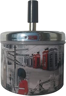 Coralpearl Smokeless Metal Tin Push Down Ashtray for Cigarettes Cigars With Spinning Tray Lid Covered Portable Ash Tray Bucket for Home Tabletop,Patio,Sand,Car,Auto,Outdoors,Indoors (British 2)
