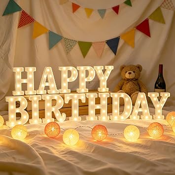 Happy Birthday Marquee Light Up Letters, Warm White LED Marquee Letters Lights for Birthday Decorations, LED Letter Lights Sign for Table Decor HB Party Decoration, Battery Operated