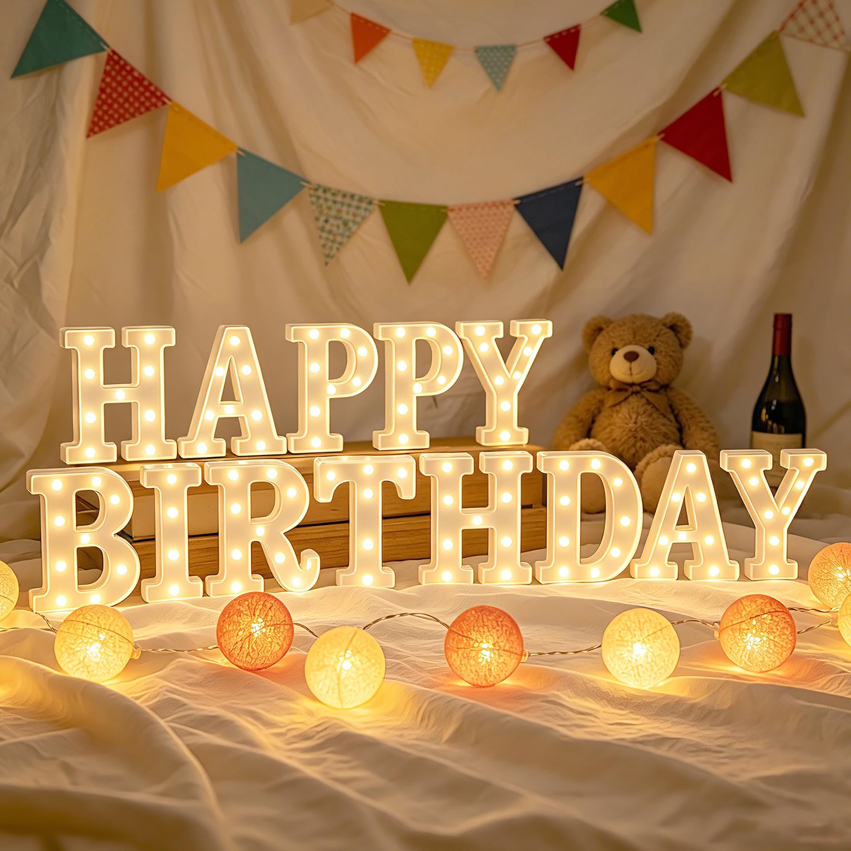 Photo 1 of CDIXlmuz Happy Birthday Marquee Light Up Letters, Warm White LED Marquee Letters Lights for Birthday Decorations, LED Letter Lights Sign for Table Decor HB Party Decoration, Battery Operated