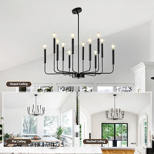 Miniatura 7 de Qamra Candelabro negro moderno de granja para comedor, lámpara de araña de 12 luces, candelabro colgante industrial rústico para sala de estar,