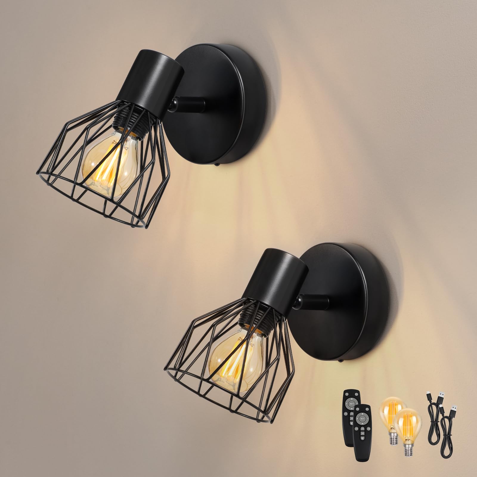 Dehobo Wandleuchte Innen 2er Aufladbare, Retro Batterie Wandlampe mit Glühbirne, Dimmbare Akku Wandlicht mit 3 Lichtfarben und Fernbedienung für Wohnzimmer, Schlafzimmer, Flur, Treppenhaus