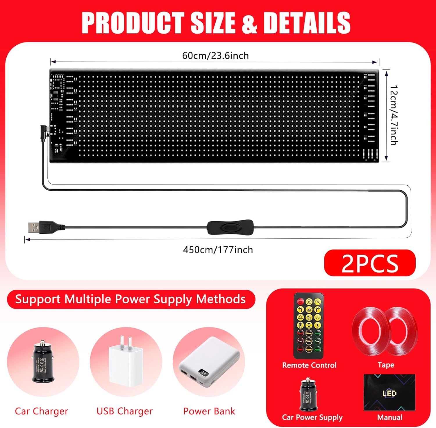 Devil Eyes Light for Cars, DIY LED Eyes for Windshield Flex Programmable Light Display Screen APP Control Waterproof Dynamic LED Sign for Car Suitable for Cars Trucks RVs Decor (2 PCS 4.7 × 23.6 in)