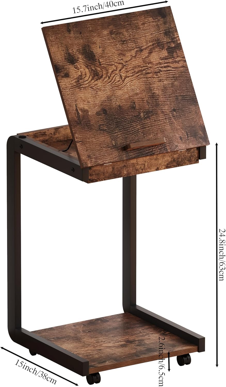 C Shaped end Table with Adjustable Tiltable Desktop，Rolling Side Table with Storage，TV Tray Table on Wheels for Couch，Sofa Laptop，Living Room，Bedroom (Rustic Brown)