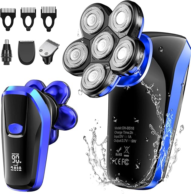 NITEEN Head Shavers for Men,Bald Head Shaver 4-in-1 Electric Razor Cordless Waterproof Shaver ,Wet and Dry Rotary Shaver Grooming Kit with Beard Clippers Nose Trimmer Blue