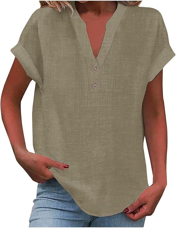 Hauts d'été 2025 pour femme en coton et lin à manches courtes, col en V, tunique tendance, ample, unie, décontractée, chemisier tendance