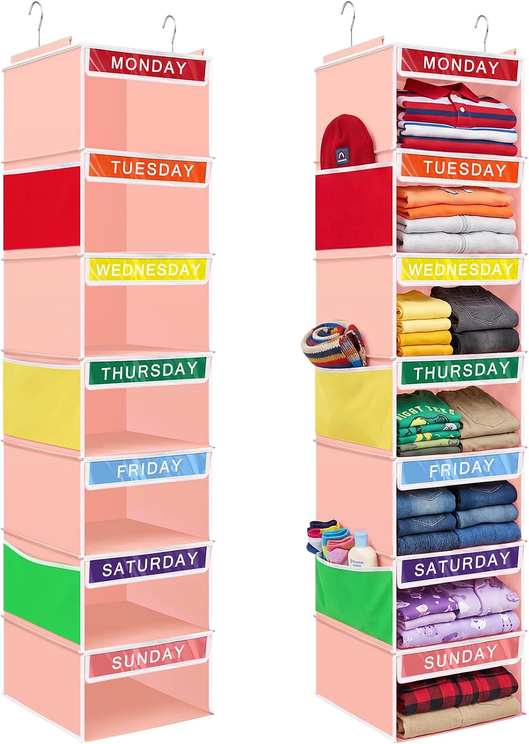 Amylove 2 Pcs 7 Shelf Weekly Clothes Organizer for Kids Hanging Closet Organizer 11. 8 x 11. 8 x 50 Inch Daily Activity Kids Clothes Storage Drawers Cube Drawers Closet Hanging Shelves(Orange Pink)