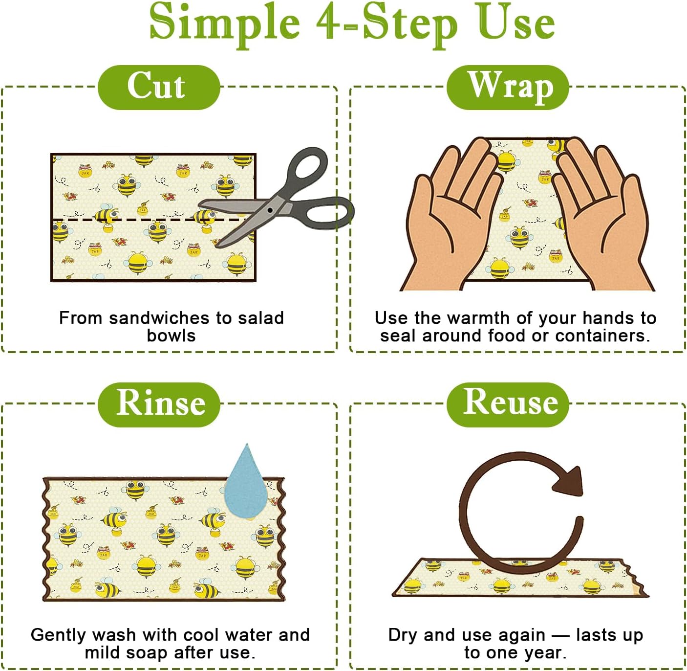 Reusable Beeswax Wraps For Foods, Cheese, Sandwich & Bread- 13 x 39'' Cut to Size - Eco-Friendly Food Storage Alternative to Plastic Wrap & Cheese Paper (Bee Pattern001, 13x39'') image 4
