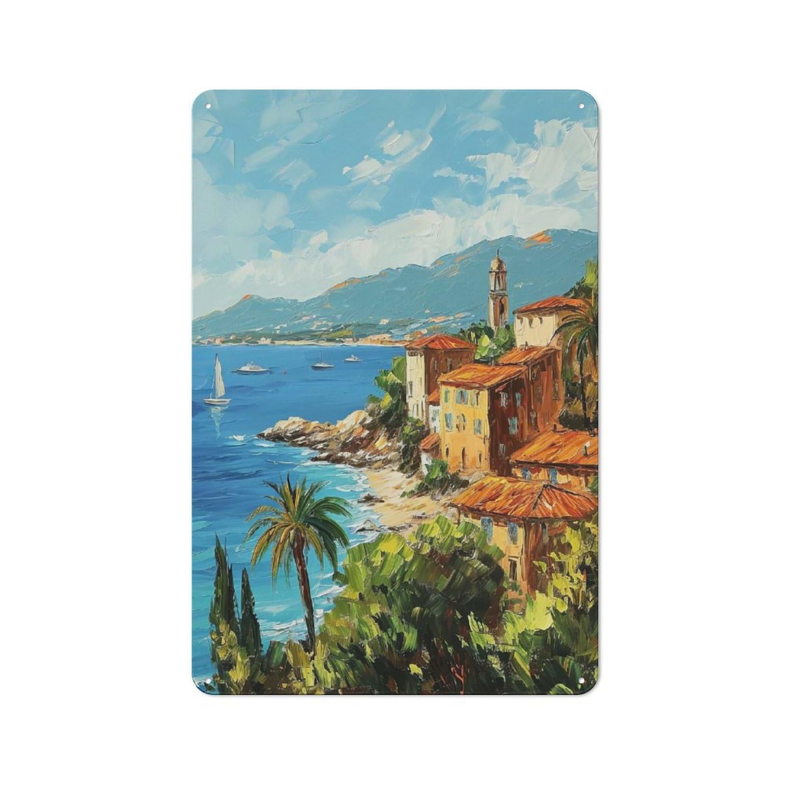 Junmoney Style-1 Vintage Vintage Tin Sign 30X20cm Featuring Coastal Town Painting With Sailboat, Cafe Wall Decor For Coffee Bar, Kitchen, Bistro Or Tea Corner