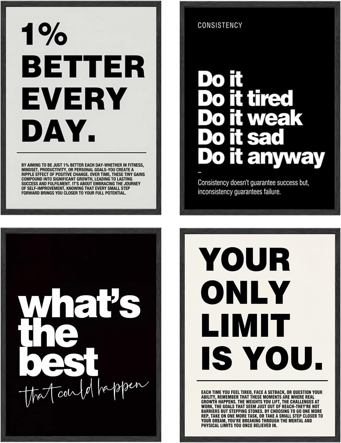 ZOFUIXIU 4Pcs Inspirational Office Wall Art,Motivational Canvas Wall Decor,Black and White Positive Quotes Posters Picture for Bedroom Living Room Classroom Gym Office (8X10 Inches, Unframed)