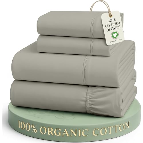 LANE LINEN 100% Organic Cotton Mercerized Queen Sheets, Soft & Comfy Naturally Cooling Cotton Sheets Queen Size Set, Classic Percale Weave Low Pill Fade Resistant Queen Bed Sheets- Silver