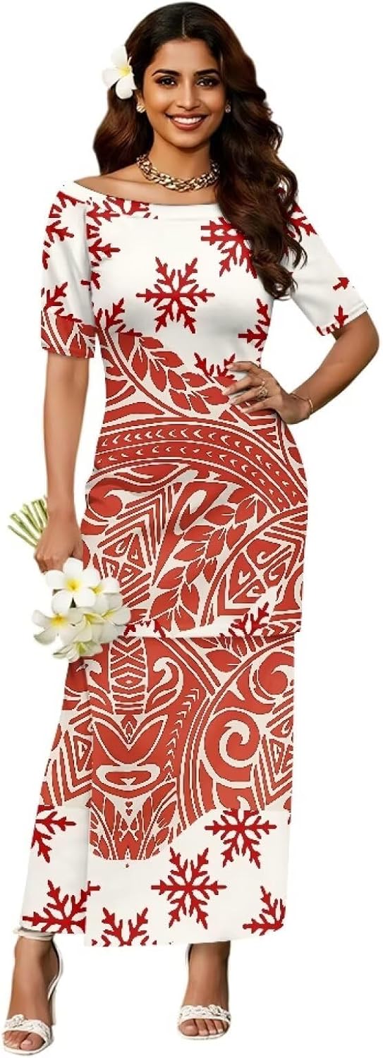 Women's Two Pieces Outfits Polynesian Puletasi Samoan Off Shoulder Crop Top and Maxi Skirt Set
