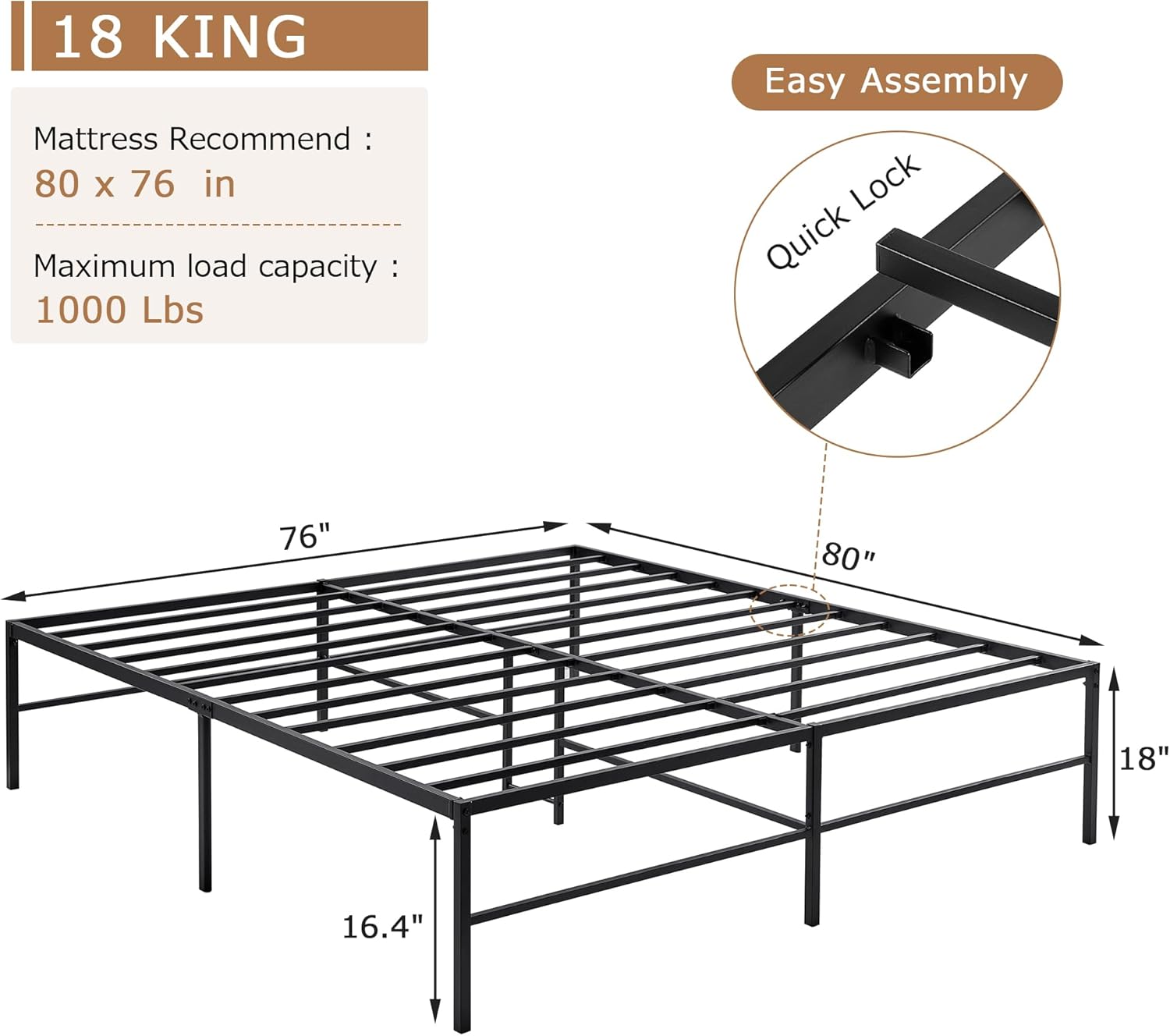 VECELO 18" Metal Platform Bed Frame/Mattress Foundation/No Box Spring Needed (King Size)