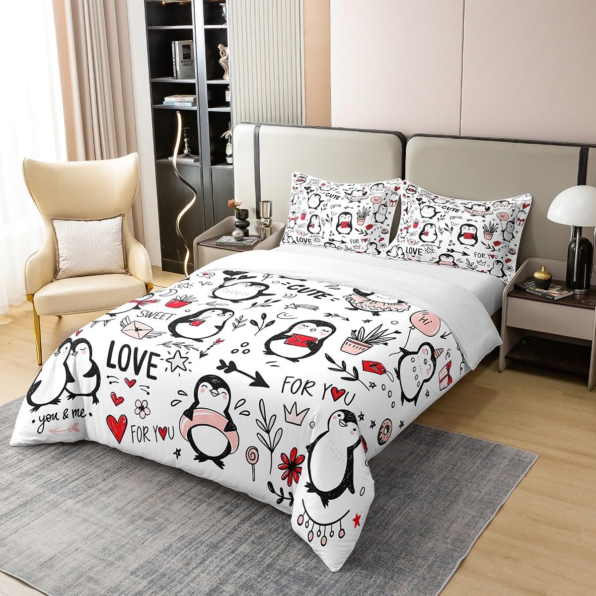 Nature Cotton Cartoon Penguin Duvet Cover Queen,Kawaii Wild Animals Hand Draw Graffiti Comforter Cover (Not Comforter),Valentine's Day Party Decor Gifts All Season Super Soft Bedding
