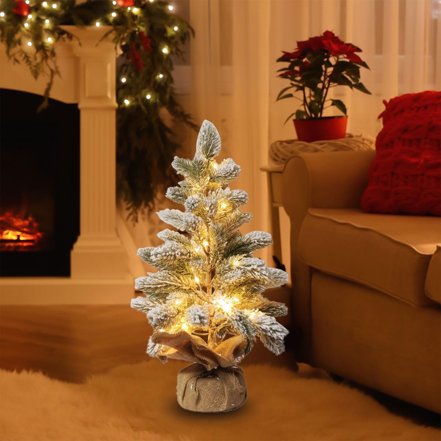 Pre-lit Snowy Mini Christmas Tree, Small Tabletop Flocked Christmas Tree with30 LED Lights Xmas Decorations for Holiday Party,Artificial Christmas Tree with Lights, 10 Inches