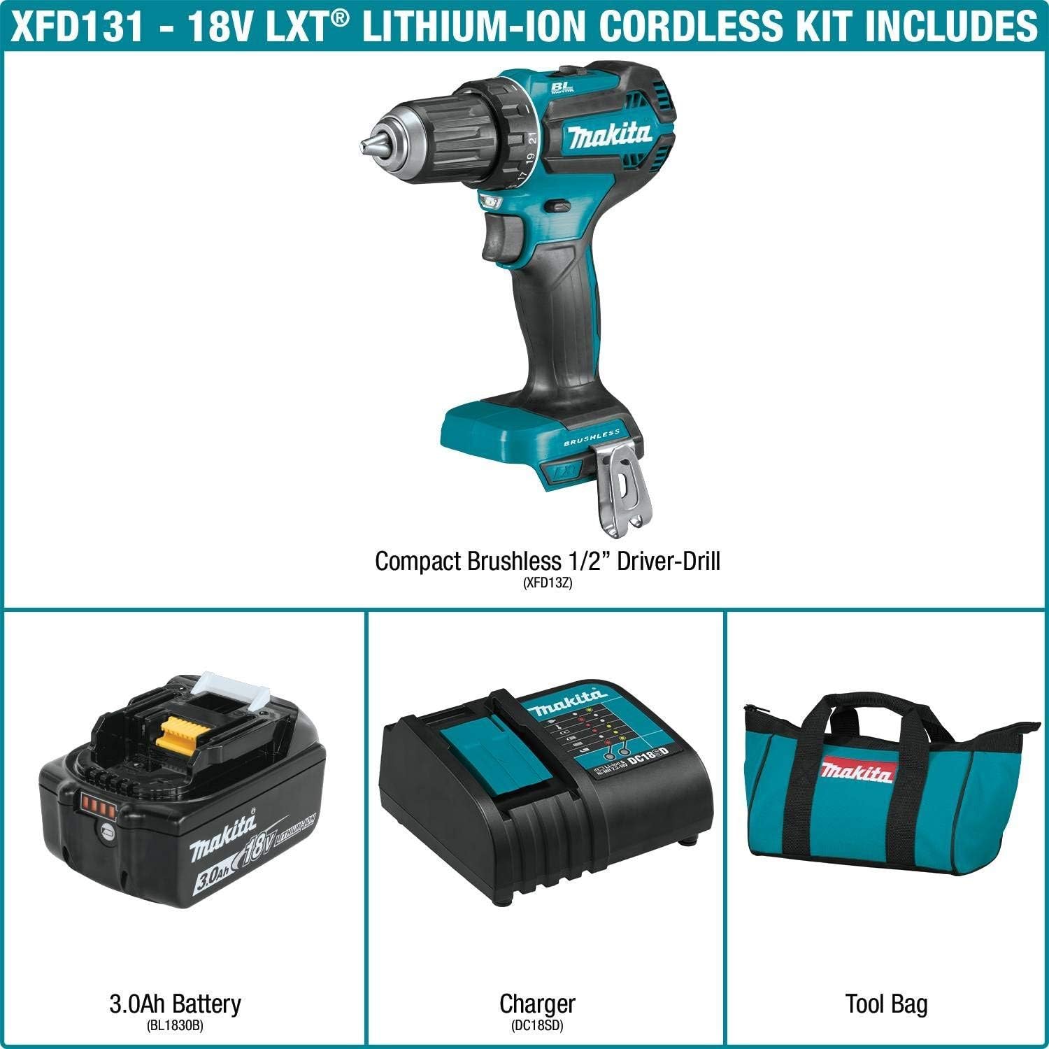Makita XFD131-R 18V LXT Brushless Lithium-Ion 1/2 in. Cordless Drill/Driver Kit (3 Ah) (Renewed)