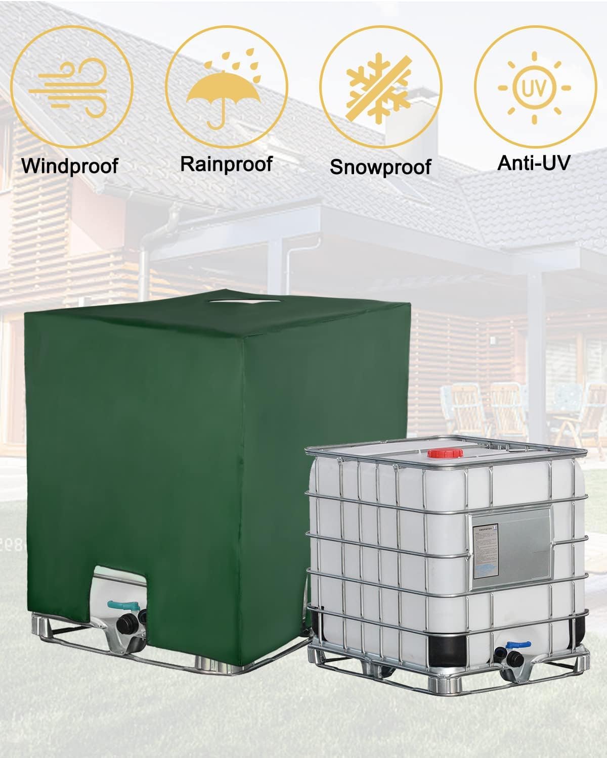 Bache pour Cuve IBC 1000L, Bache de Réservoir d'eau Couvercle, Anti-UV Anti-Poussière Bache de Housse Protection, Bouchon Cuve a Eau Bâche (116 x 100 x 120 cm, Vert)