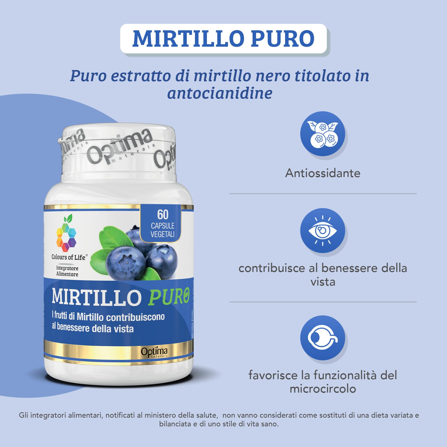 Colours of Life Mirtillo Puro - Integratore Mirtillo nero per il benessere della vista - Microcircolo e capacità visiva - Senza Glutine e Vegano, 60 capsule vegetali
