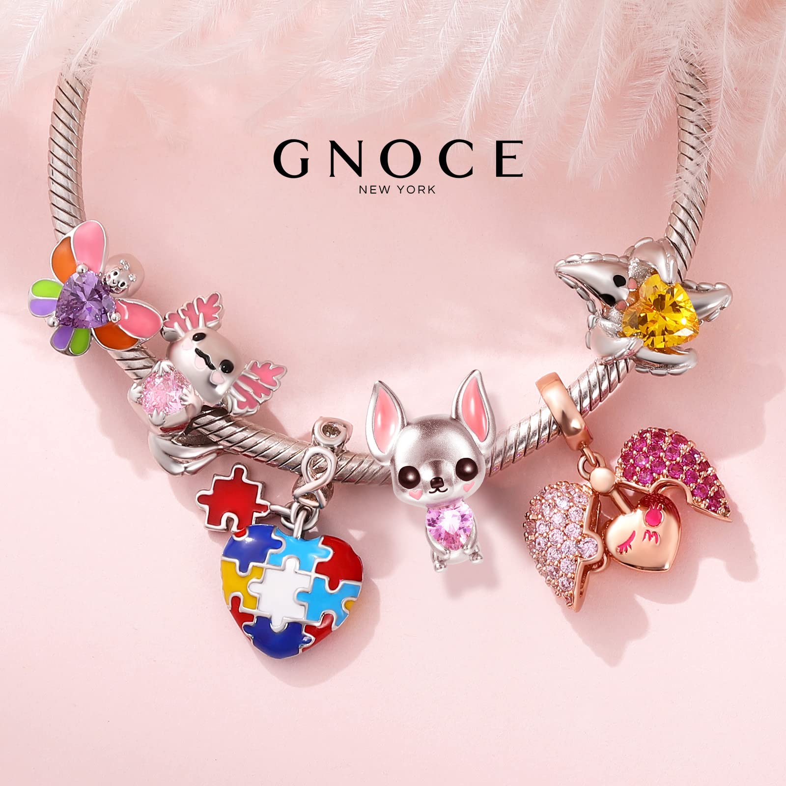 GNOCE Charm Bead Cheshire Cat Hugging Heart Gemstone Charm 925 Sterling Silver Black Pulsera Collar Joyería Regalo para mujeres