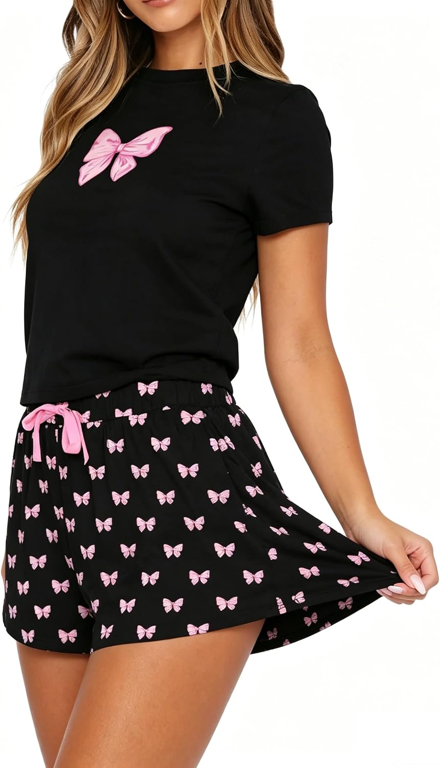 BONITEE Women Cute 2 Piece Pajama Sets Summer Short Sleeve Pjs Set Print Graphic Crop Top Shorts Outfits image 4