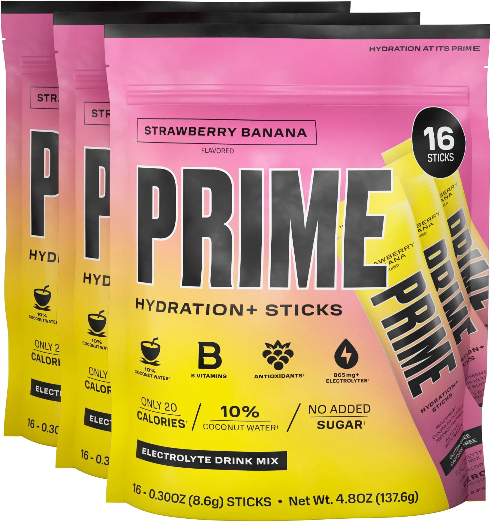 PRIME HYDRATION+ Sticks STRAWBERRY BANANA Hydration Powder Single Serve Sticks, Electrolyte Powder On The Go, Low Sugar, Caffeine-Free, Vegan, 48 Count