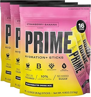 PRIME HYDRATION+ Sticks STRAWBERRY BANANA Hydration Powder Single Serve Sticks, Electrolyte Powder On The Go, Low Sugar, Caffeine-Free, Vegan, 48 Count
