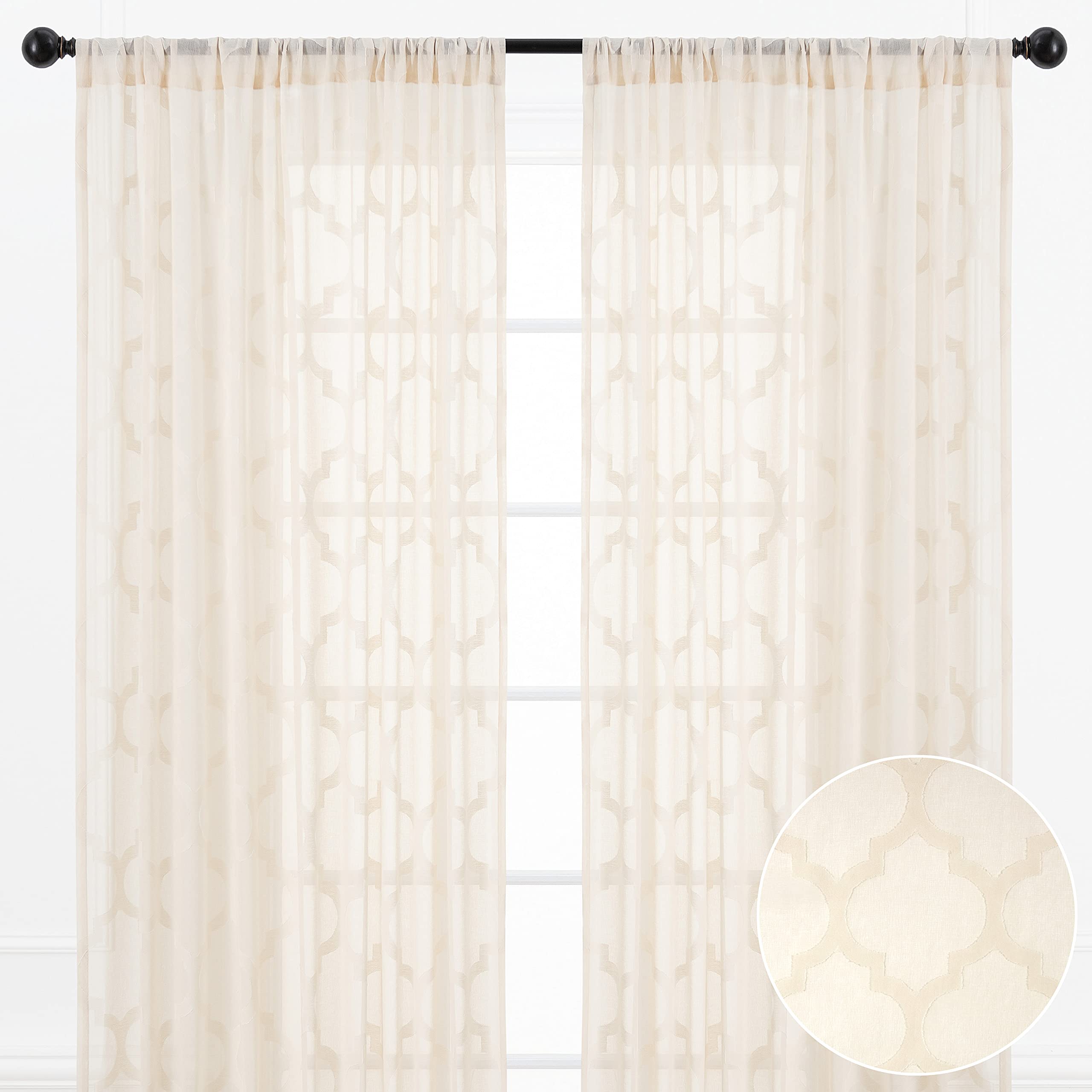 Chanasya Premium Quatrefoil Voile Sheer Curtains - 2-Panel Light Filtering Curtains for Living Room, Bedroom, Kitchen - 52" x 96" - Beige