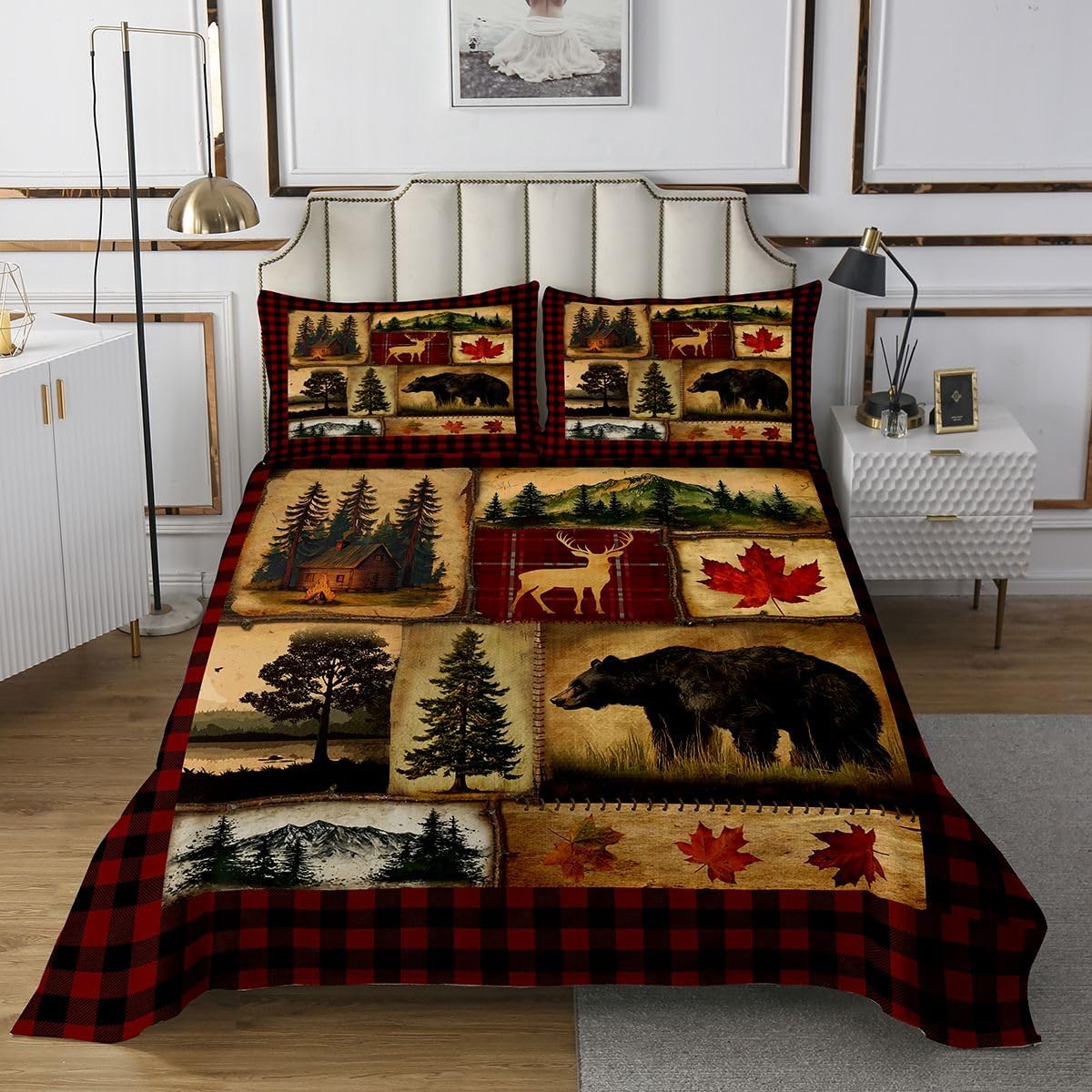 Bear Cabin Plaid Bedspread Sets Twin, Rustic Farmhouse Bedspread Set, Retro Hunting Deer Coverlet Set, Country Woodland Pine Tree Bedding Set, Maple Leaf Lodge Decor Bed Set, Red Black Brown, 2Pcs