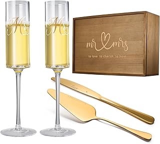 Bridal Wedding Champagne Toasting Flutes, & Cake Pie Knife & Server Set with Wood Memory Box, Crystal for Mr & Mrs Wedding Gift Bridal Shower Anniversary Engagement Valentines Day Gifts Couple - Gold