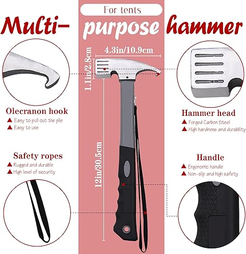 Miniatura 2 de WNJ Juego de estacas y martillo de campamento, clavijas de metal resistente de 10 pulgadas + martillo de 12 pulgadas, accesorios de campamento para