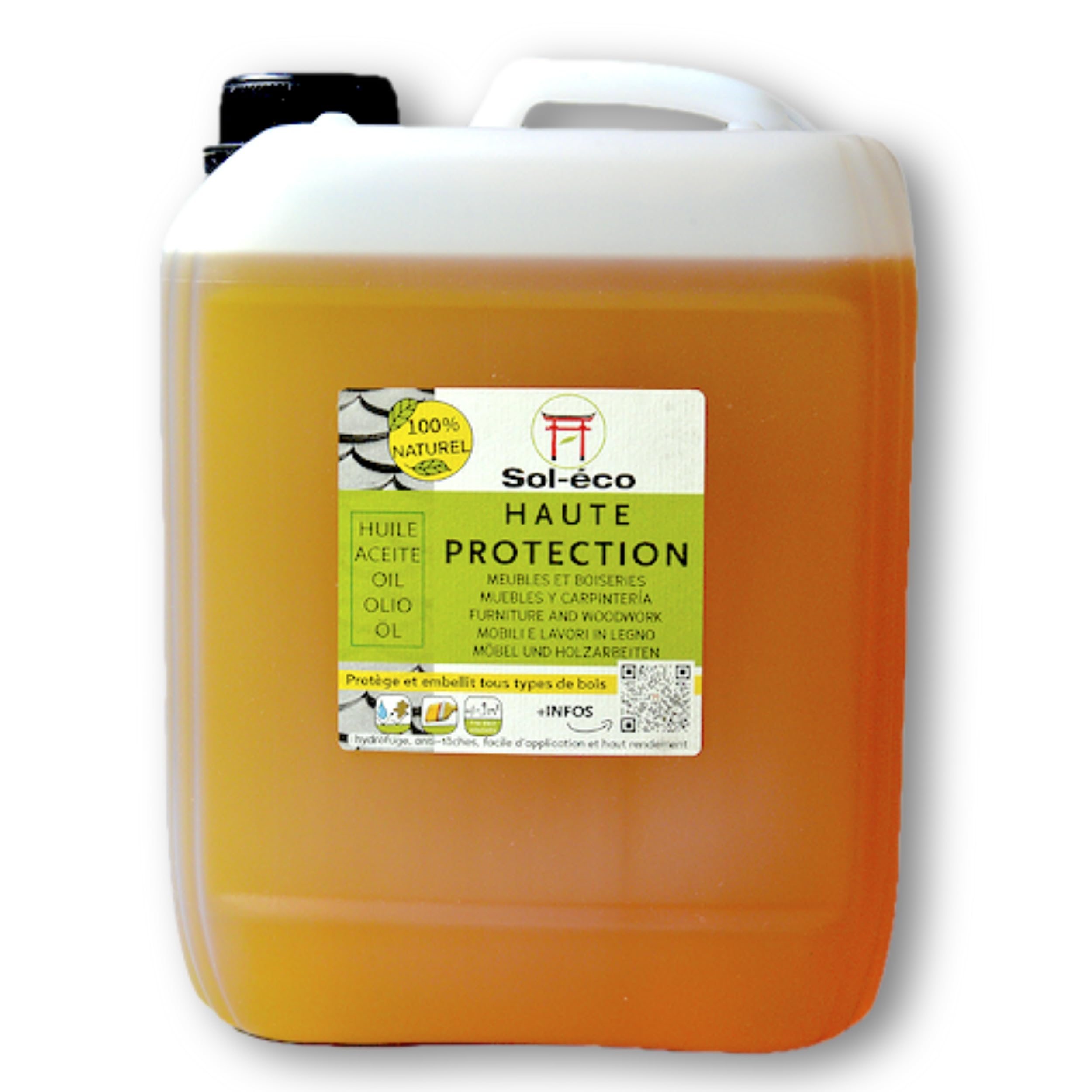 (Sol-éco) Aceite de alta protección -Protección de la madera interior - 5L | Fluido y penetrante - Tung y aceite de naranja (D-limoneno) - Parqué, encimeras de trabajo, baño, Hidrofóbico