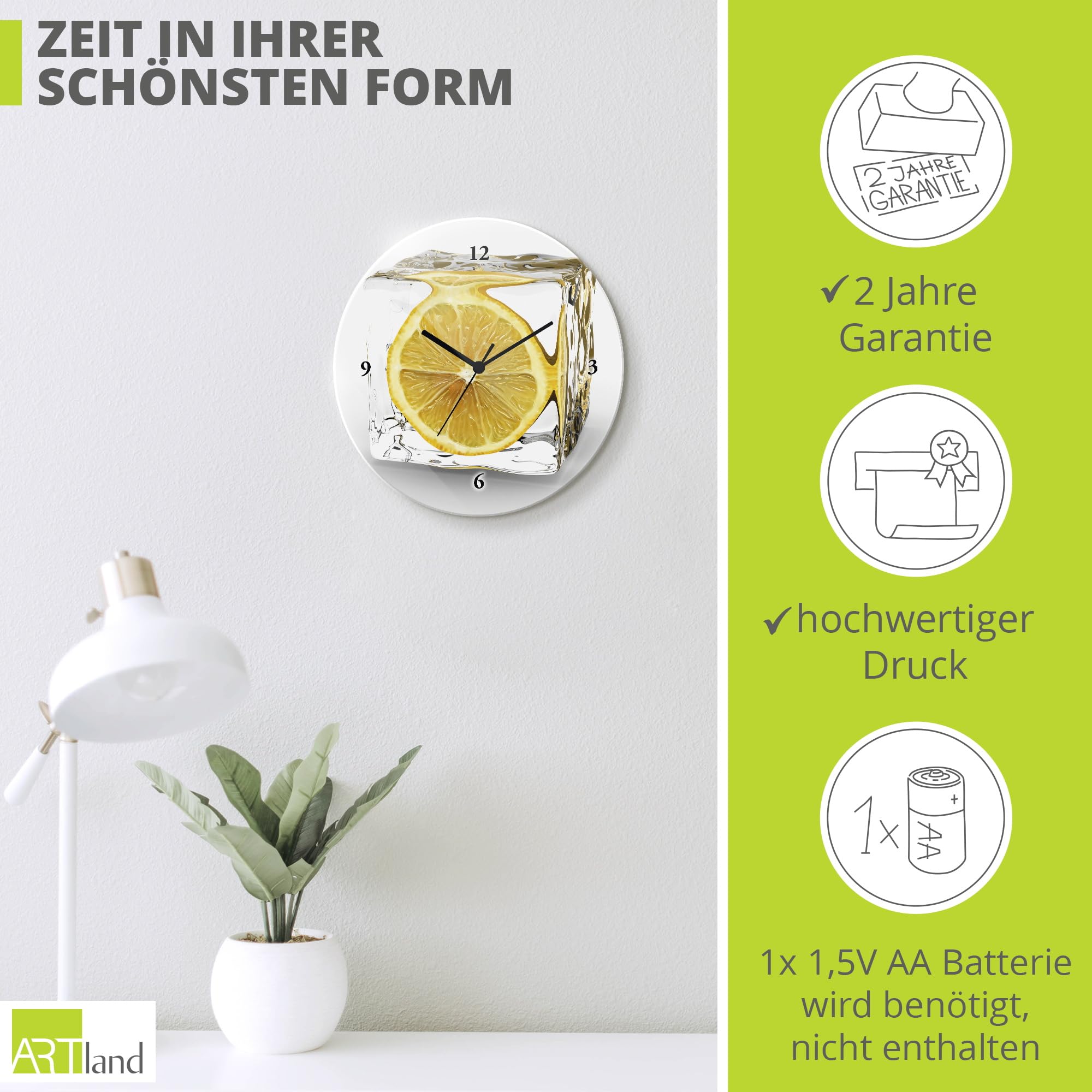 ARTLAND Wanddeko Wanduhr ohne Tickgeräusche Glas Quarzuhr Ø 30 cm Rund Lautlos Obst Früchte Zitrone im Eiswürfel Frucht Kreativ T5XT