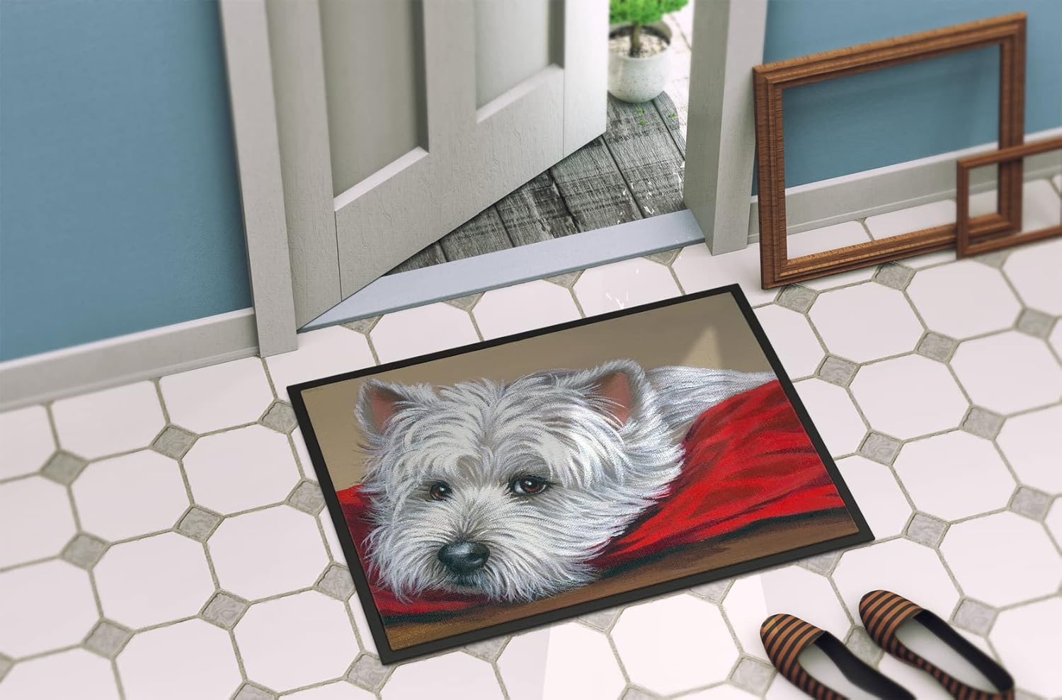 Caroline's Treasures PPP3284MAT Westie Red Pillow Doormat 18x27 Front Door Mat Indoor Outdoor Rugs for Entryway, Non Slip Washable Low Pile, 18H X 27W