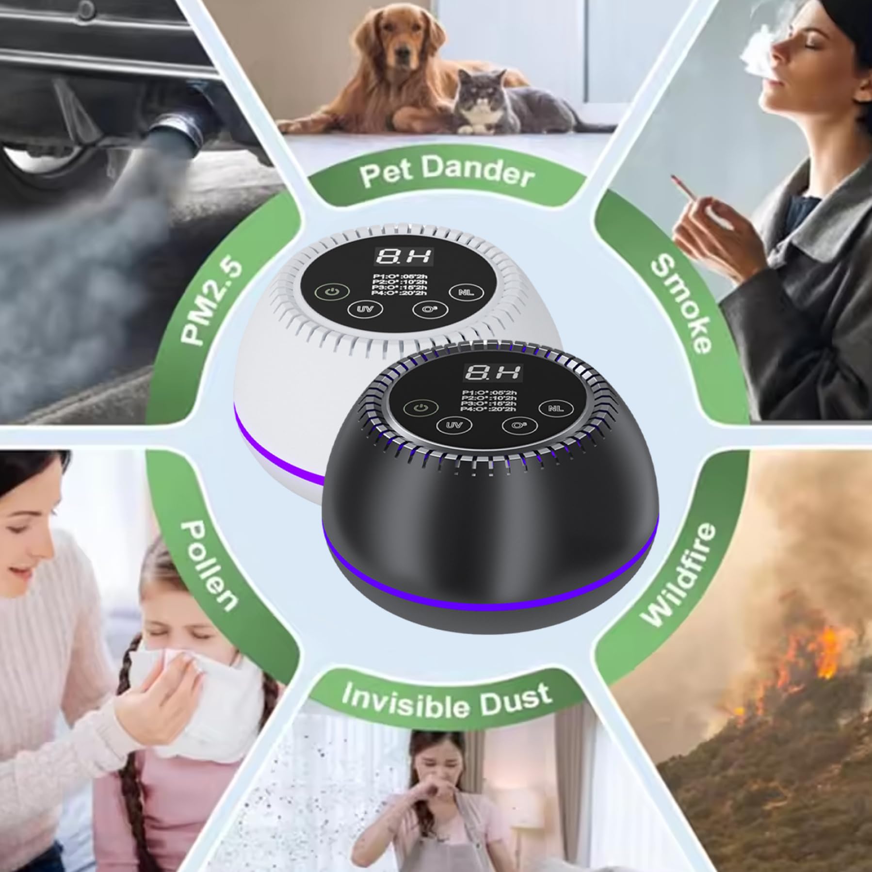 Purificador de Aire 3 en 1, 4 Modos de eliminación de olores con batería de 10000mAh para Mascotas, Humo, hogar, Armario, Inodoro, Coche, purificadores de Aire Blancos para el hogar
