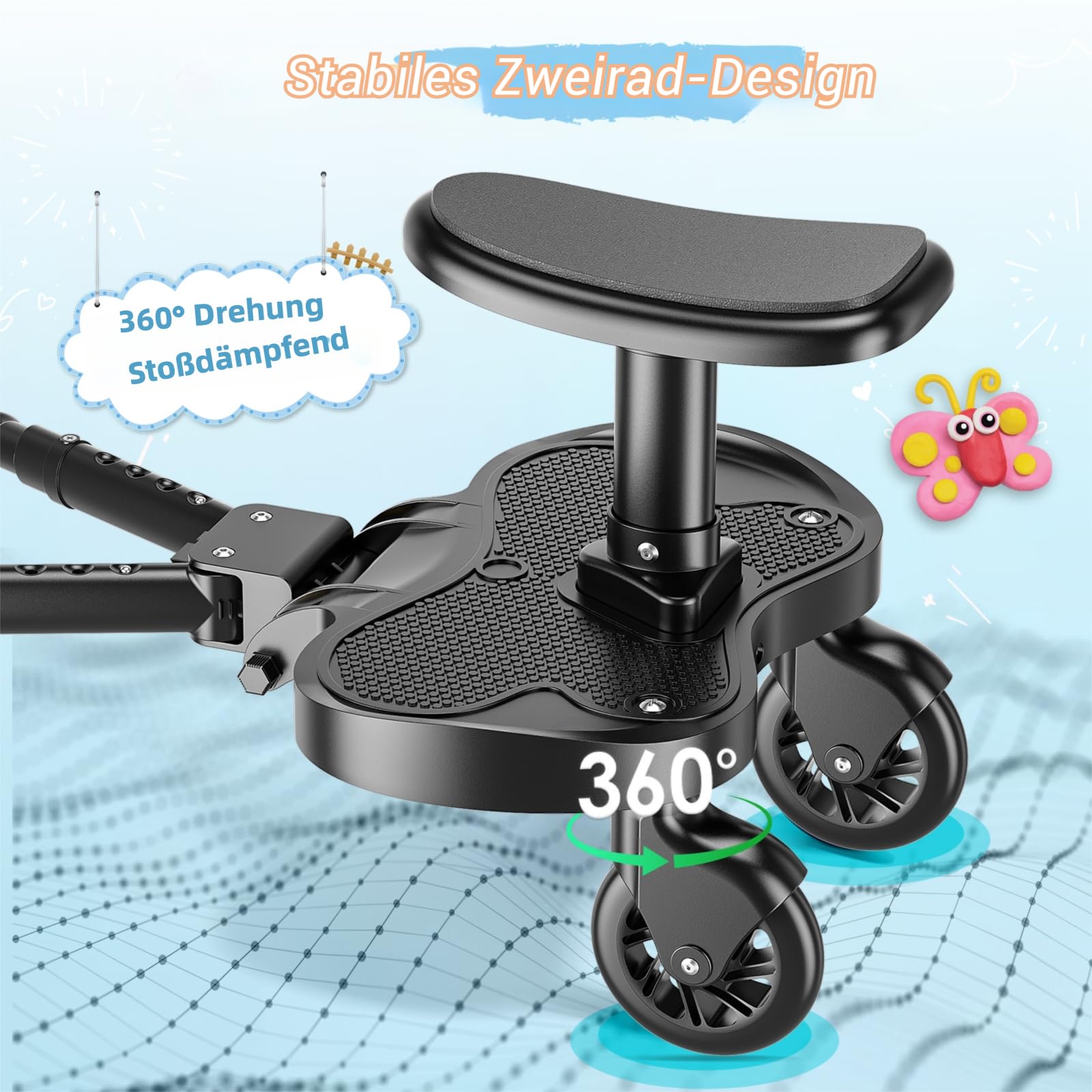 Buggy Board mit Sitz, Trittbrett für Kinderwagen Universal für Kinder von 2 bis 6 Jahren, Flexible Anpassung Kiddy Board, Kompatibel mit den Meisten Kinderwagen, Bearing 25KG