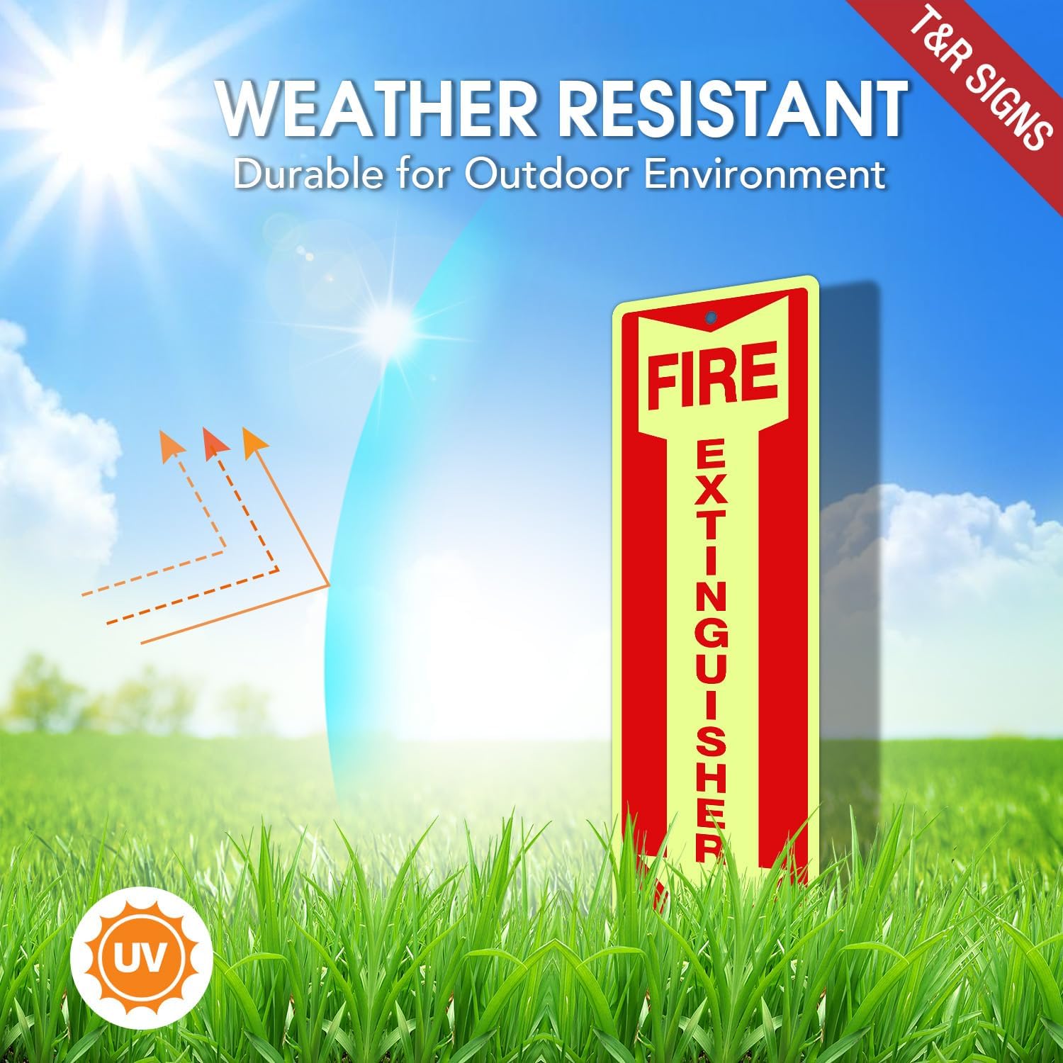 T&R Fire Extinguisher Metal Sign - 12 Pack - 12"x4" .040 Rust Free Heavy Aluminum Glow-In-The-Dark, Waterproof, Weatherproof and Fade Resistant, 2 pre-drilled holes, Easy to Install Indoors and Outdoors