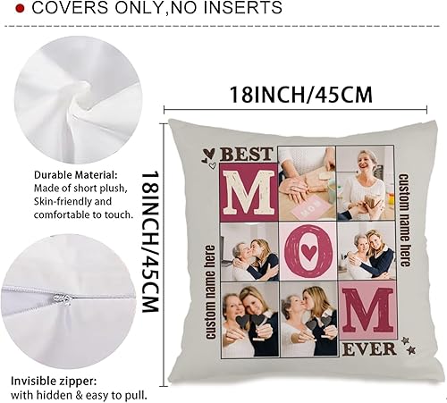 Miniatura 3 de Customizable Pillowcase with 6 Images and Text Dedicated to Mom, Decorative Cushion offering a Warm Gift for Anniversaries Birthdays Christmas or