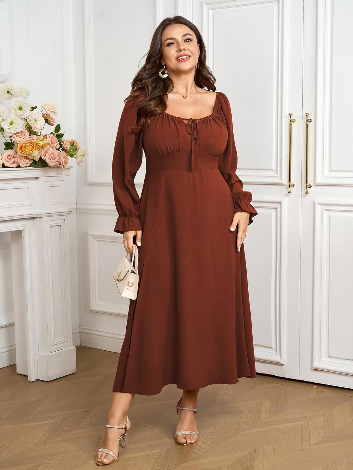 Women's Plus Size Milkmaid Dress Long Sleeve Square Neck Dress A-Line Flowy Maxi Wedding Guest Cocktail Formal Dresses - Image 4